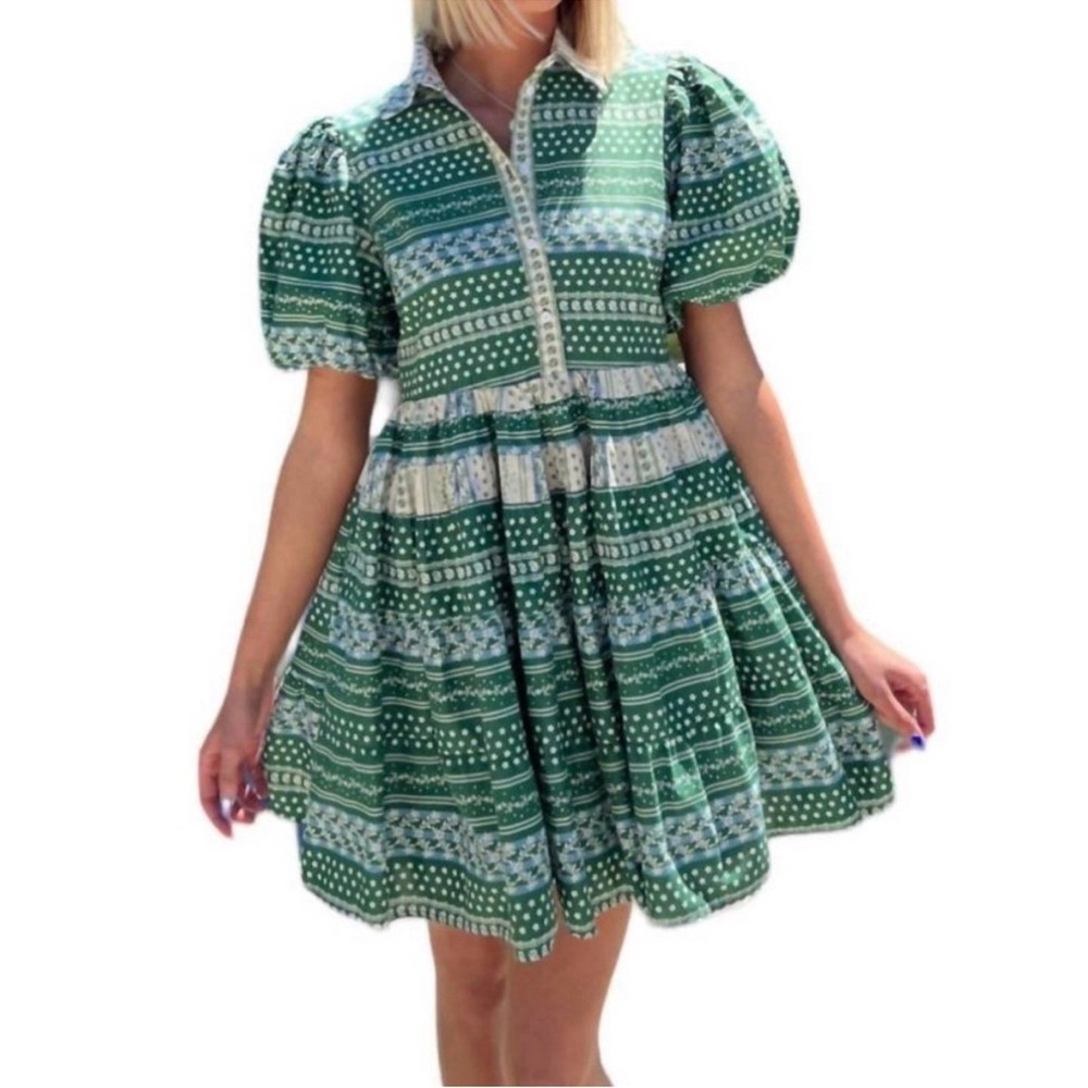 Aureum Floral Puff Sleeve Babydoll Mini Dress Green Small Cotton Tiered Dress